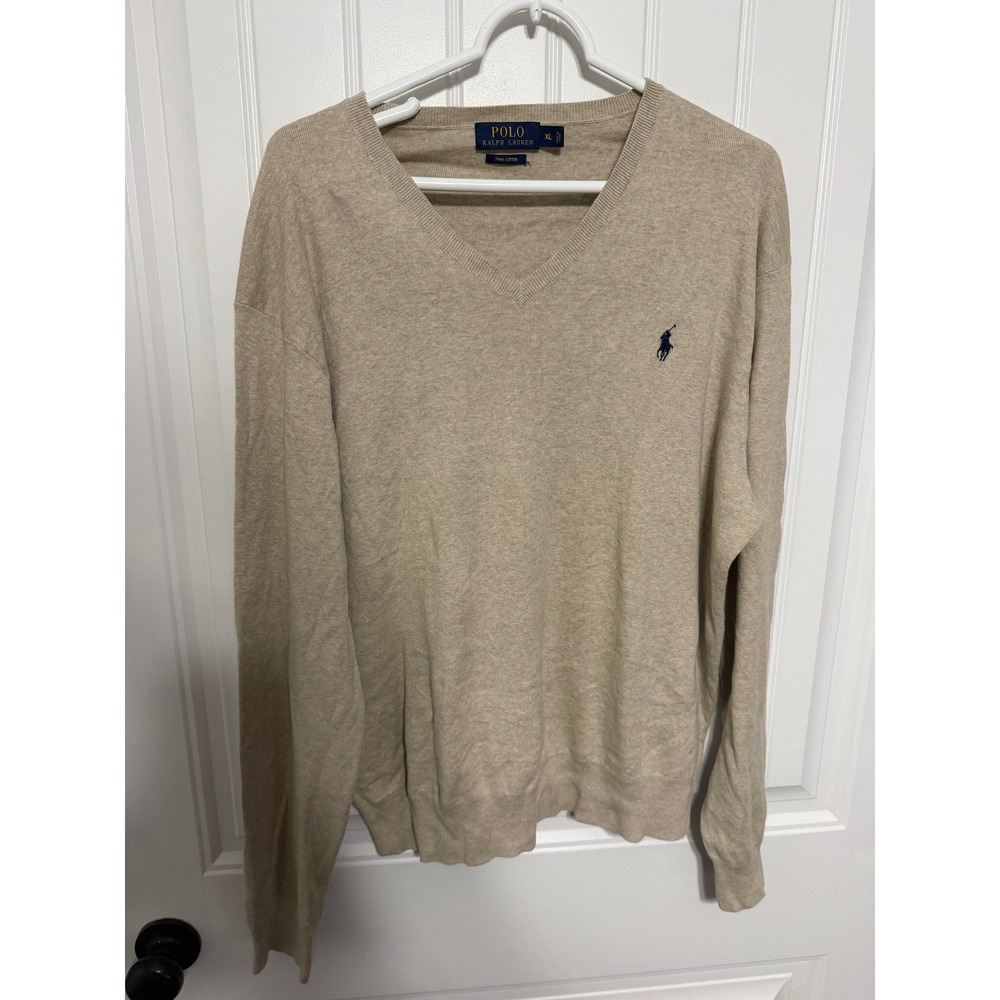 Polo Ralph Lauren Sweater Mens XL V-Neck Pima Cotton Tan Solid Logo EUC